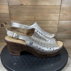 Born Perforated Open Toe Block Heels Size 8 M Silver Slip On Platform Slingback